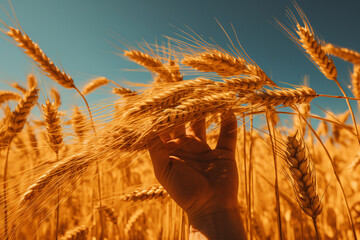 A hand is holding golden wheat field again clear blue sky, beautiful nature landscape of rural scenery under shining on meadow wheat field