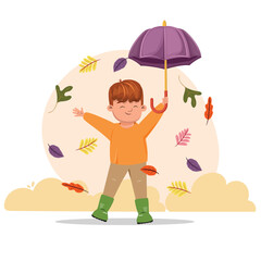 Colourful cartoon illustration of a boy in gumboots holding an umbrella, smiling and enjoying autumn. .