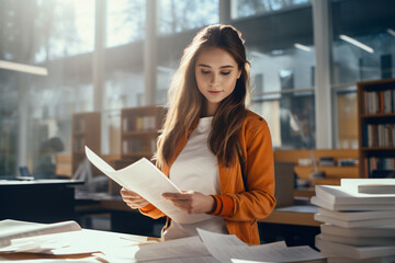 A young freshman college female student in orange 
 jacket and white shirt shows her papers in the library sun light from big and above window shine up one her in morning  - obrazy, fototapety, plakaty