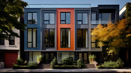 Fototapeta na wymiar This highly detailed photograph captures the urban elegance of a modern townhouse. With clean architectural lines, large windows, and a tasteful color palette.