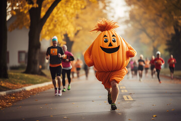 Character dressed as a pumpkin runs down the street with a marathon. Generative AI