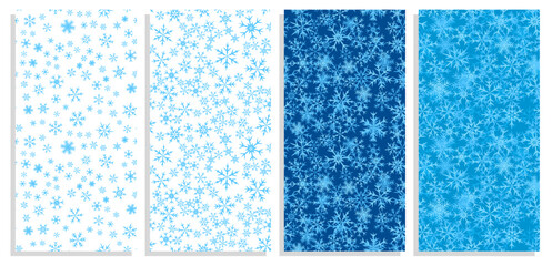 Set of vertical flyers with winter snowflakes. Six pointed fluffy snowflakes symbol of winter weather and festive mood. Templates for invitation, banners, brochures print. Vector on white and blue