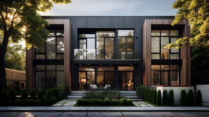 Explore the chic exterior of a modern townhouse in this photography. It showcases a well-designed facade with unique materials, landscaping, and lighting. - obrazy, fototapety, plakaty
