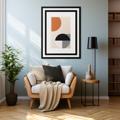 a frame hangs on the wall above a chair, in the style of modern geometrics, circular shapes, earthy color palette, soft color blending, fine detailed, bold-graphic, light blue and black