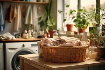 Basket and Washing machine with towels in a laundry room at home. Generative AI