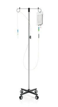 Wheeled adjustable IV pole with serum bag isolated on white background. 3D illustration