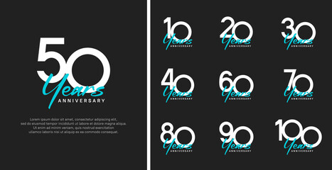 set of anniversary logo flat white color number and blue text on black background for celebration