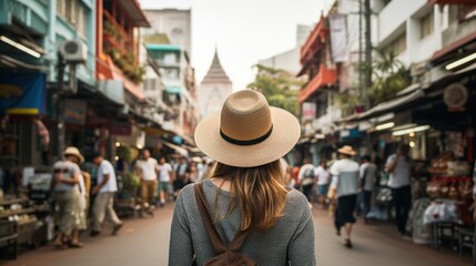 Behind-the-scenes shot of a young Asian backpacker wearing a hat at the Khao San Road outdoor market in Bangkok.