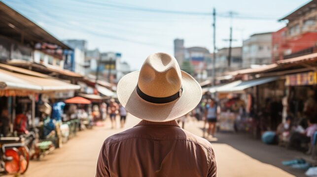 Behind-the-scenes shot of a young Asian backpacker wearing a hat at the Khao San Road outdoor market in Bangkok.