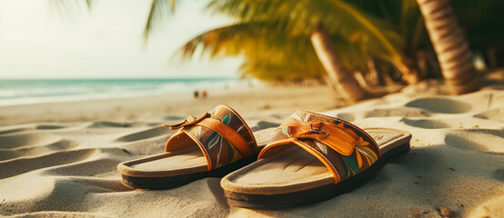 two sandals sitting on the sand with palm trees in the background - obrazy, fototapety, plakaty