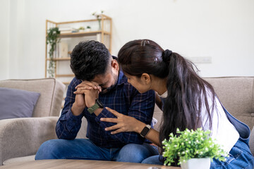 Indian young cuople stress relief trust talk share disappointment suffer serius pain sick sorrow...