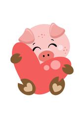 Cute pig sitting holding a big heart