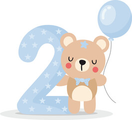 Cute teddy bear boy with balloon to celebrate happy 2st year or 2st month