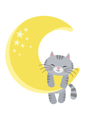 Cute cat hanging on yellow moon