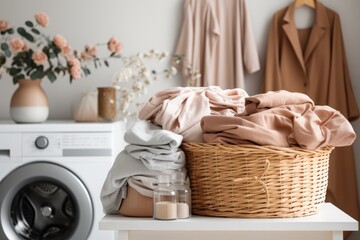 Fototapeta premium Basket and Washing machine with towels in a laundry room at home. Generative AI