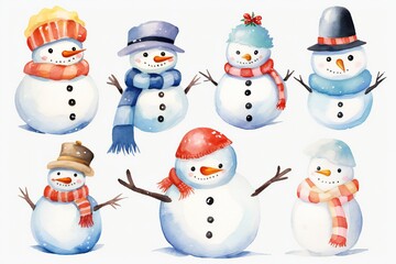 Pastel watercolor Christmas cute happy snowman clip art Generative AI