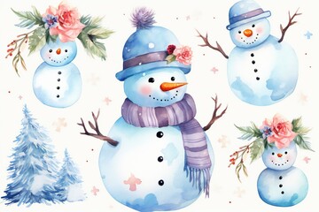 Pastel watercolor Christmas cute happy snowman clip art Generative AI