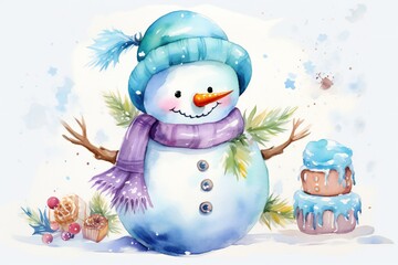 Pastel watercolor Christmas cute happy snowman clip art Generative AI