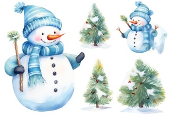 Pastel watercolor Christmas cute happy snowman clip art Generative AI