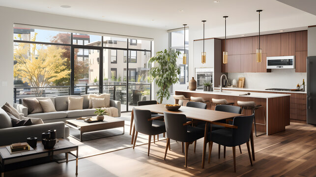 Step inside a modern townhouse with an open-concept design. This photograph reveals a spacious living area seamlessly connected to the kitchen and dining spaces, creating an inviting environment.