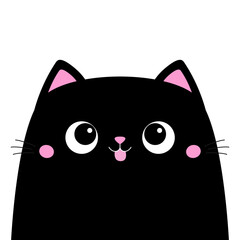 Black cat face head silhouette showing tongue. Pink cheeks. Cute cartoon character. Kawaii kitten animal. Baby card. Pet collection. Flat design. Sticker print. White background. Isolated.