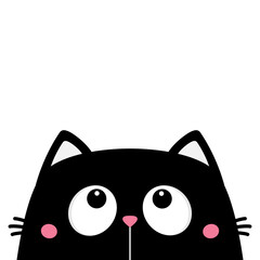 Black cat head face silhouette looking up. Big eyes. Cute cartoon character. Kawaii kitten animal. Baby card. Pet collection. Flat design. Sticker print. White background.