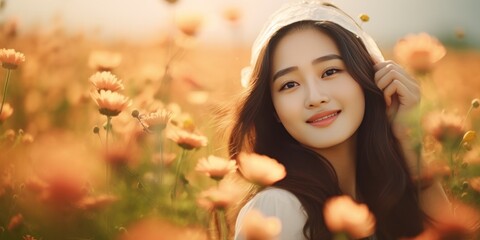 Fototapeta premium illustration of Asian woman in flower blossom field, generative AI