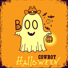 Halloween grost cowboy background illustration. Vector hand drawn halloween cute ghost in cowboy hat and bandanna and Boo holiday text for card.