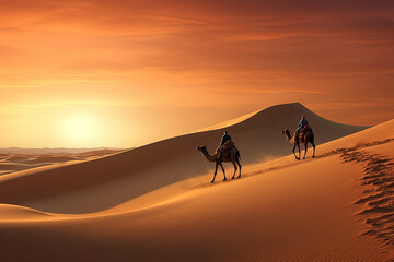 Fototapeta na wymiar The loneliness of the desert nomads crossing the endless dunes