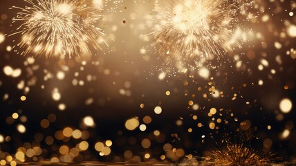 gold and silver fireworks illuminating the night sky, surrounded by bokeh lights, and leave ample copy space for festive greetings.