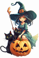 Cartoon of a witch, with her flying broom, her black cat and a halloween pumpkin. Generative AI.