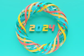 Calendar header number 2024 on multicolored torus background. Happy New Year 2024 colorful background.