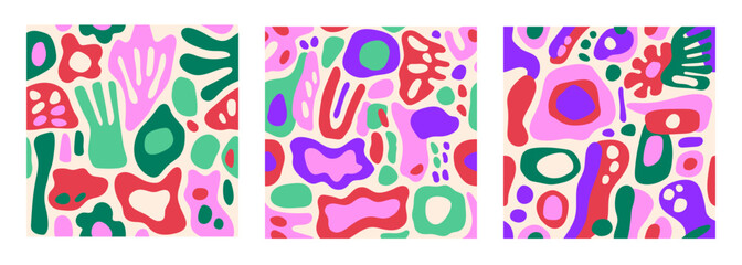 Set of modern playful vibrant groovy free form shapes and doodle objects seamless vector patterns. Trendy creative collage elements contemporary design backgrounds.
