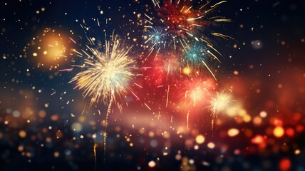 gold and silver fireworks illuminating the night sky, surrounded by bokeh lights, and leave ample copy space for festive greetings.