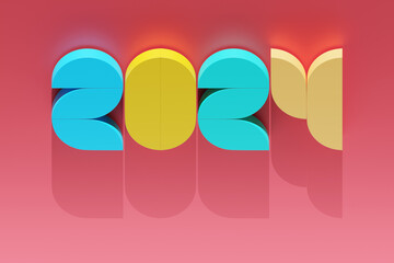 Happy New Year 2024. Volumetric multi-colored Numbers of 2024 on a pink background. Trendy Christmas background. Realistic 3d illustration