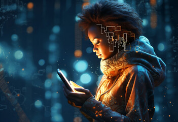 Woman looking at her smartphone, futuristic setting