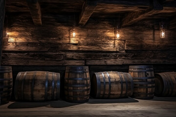 Barrels for wine storage in an old underground cellar. Wine cellars concept