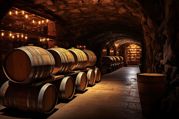 Barrels for wine storage in an old underground cellar. Wine cellars concept