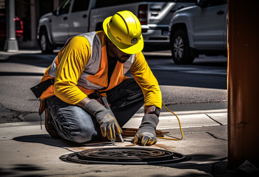 A worker in full safety gears, hardhat, reflective jackets, gloves is kneeling down next to a manhole plate for quality survey 