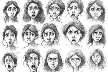Drawing women's facial expressions - obrazy, fototapety, plakaty