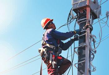 Illustration of a worker climb on electricity pole with full of safety gears: hardhat, safety rope, protected gloves on clear blue sky 