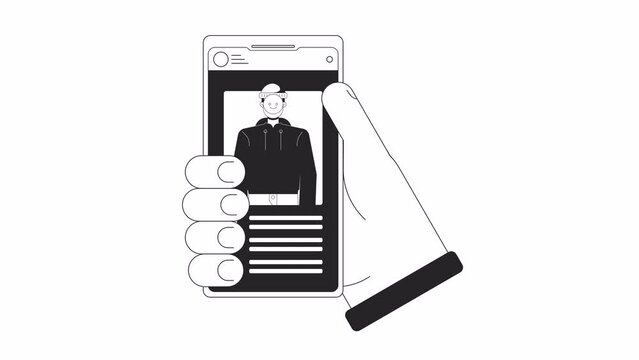 Hand holding phone with fake online identity bw outline 2D animation. Create false profile on gadget 4K video motion graphic. Monochrome linear animated cartoon flat concept, white background