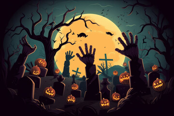 Cartoon of a bunch of zombie hands coming out of graves on a full moon. Generative AI.