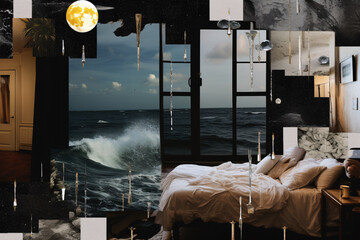 A vision board collage, inspired by melancholy, rain, ocean, night, wet earth, black pepper, cold water, in the style of social media collage - obrazy, fototapety, plakaty