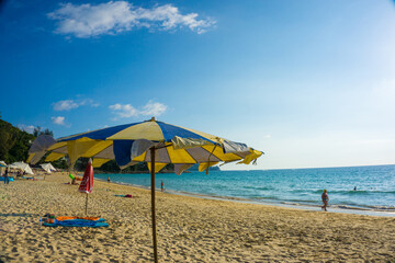 Beach chair on sea beach wave sunny day blue sky cloud sunset summer vacation