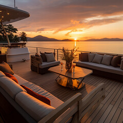 on board, a luxury mega yacht on the ocean off the coast of Costa Rica right at sunset, with a view...