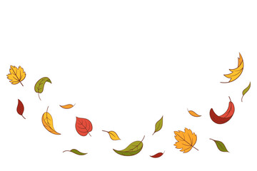 Leaves fall set in cartoon style, vector illustration. Wave cold air during windy weather. Maple leaf outline for print and design. Isolated color elements on white background. Autumn symbol nature