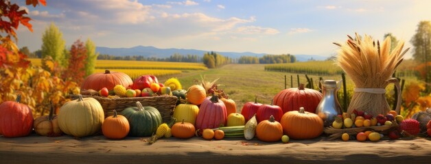 the fall harvest, with a focus on a basket of pumpkins, apples, and corn set against a backdrop of fields, trees, and a clear sky. Convey the essence of Thanksgiving's agricultural traditions.
