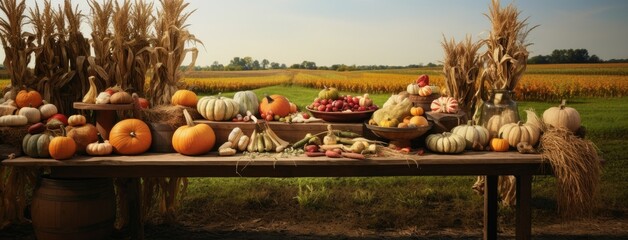 the fall harvest, with a focus on a basket of pumpkins, apples, and corn set against a backdrop of fields, trees, and a clear sky. Convey the essence of Thanksgiving's agricultural traditions. - Powered by Adobe