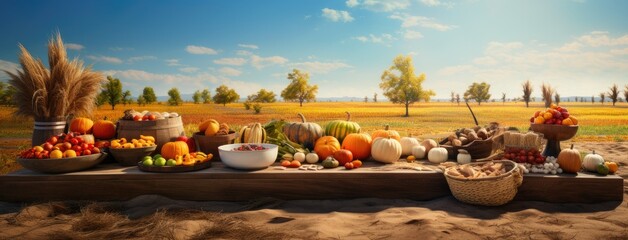 the fall harvest, with a focus on a basket of pumpkins, apples, and corn set against a backdrop of fields, trees, and a clear sky. Convey the essence of Thanksgiving's agricultural traditions.